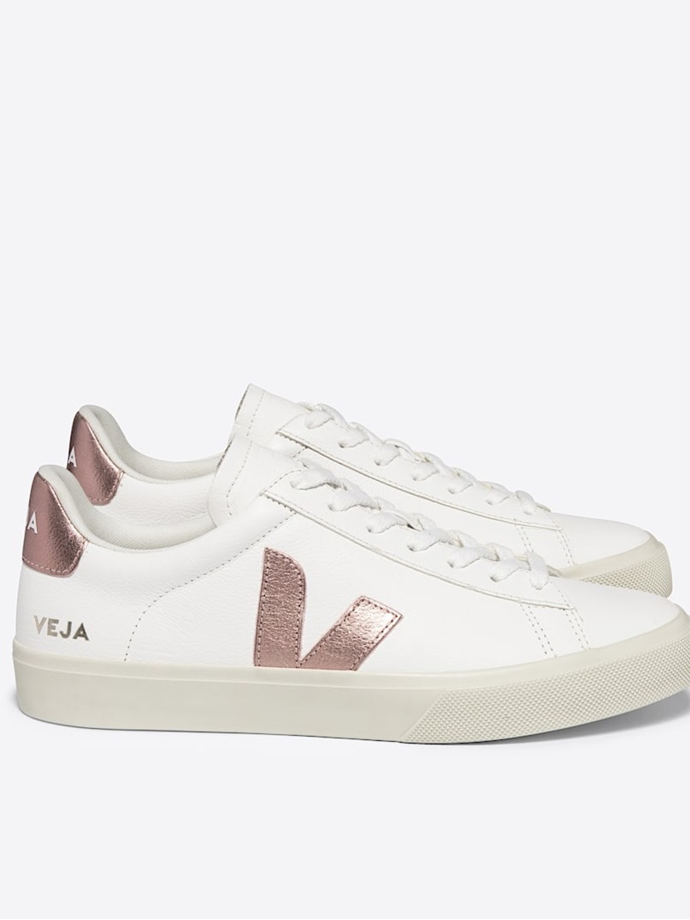 Veja Women’s White Leather Sneakers with Metallic Rose V
